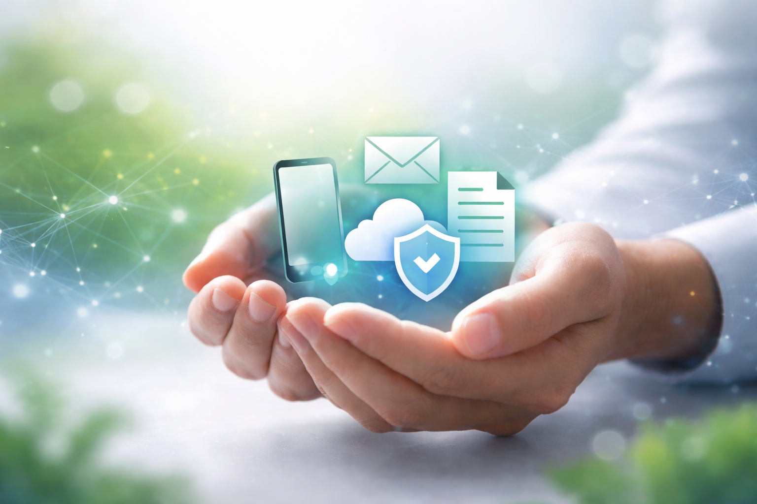 Digitale Vorsorge und digitaler Erbfall – eine Hand entsteht aus Datenströmen als Symbol für die Sicherung und Übergabe digitaler Daten im Todesfall.